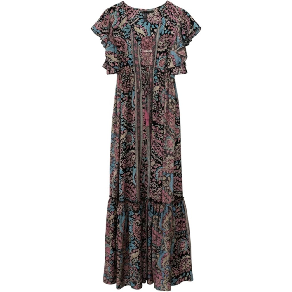 Me 2Magic Anthropologie Women Tiered Maxi Dress Boho Metallic Paisley Medium Y2K